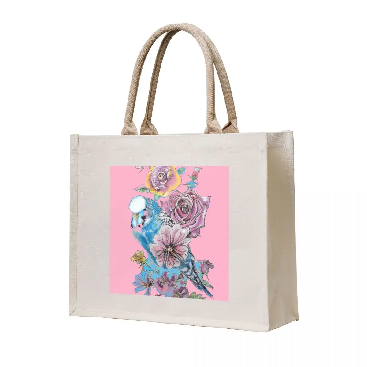 

Blue Budgie and Rose Watercolor Painting on Pink Tote Bag Cloth bags Lady bags shopper bags