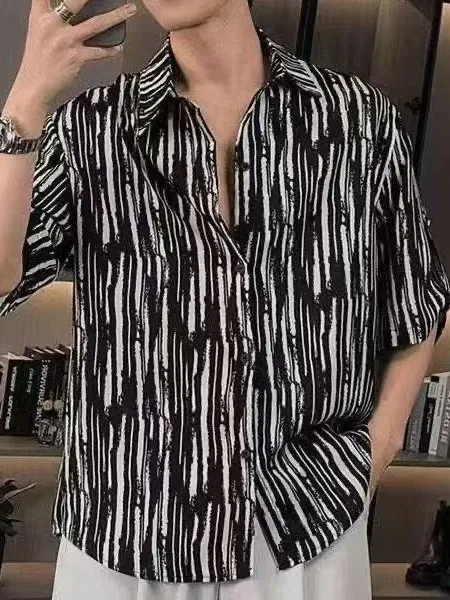 

Casual Summer Men's Shirt Stripes Ice Silk Loose Fit Beach Island Style Short Sleeve Fashionable Handsome Breathable Polyester