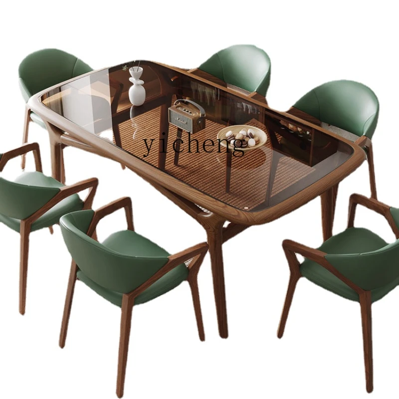 

Zc Tempered Glass Dining Table Modern Minimalist Rectangular Solid Wood Dining Tables and Chairs Set