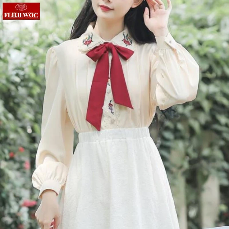 Retro Vintage Chic Y2K Tops Cute Sweet Korea Japan Style FLHJLWOC Design 2025 Autumn Long Sleeve Women Basics Bow Tie Shirt