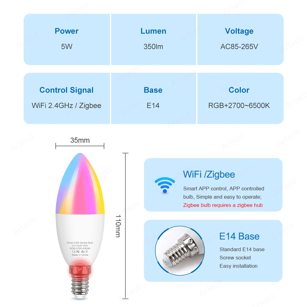 Imagem -06 - Lâmpadas de Lustre Led Regulável Holofotes Tuya Wi-fi Lâmpada Led Zigbee Rgbcw Candle Lamp Amazon Alexa E14 Tuya