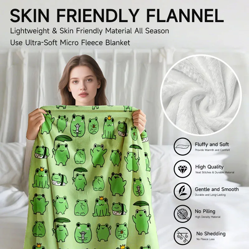1개의 녹색 개구리 테마 플란넬 담요, 부드럽고 소파, 침대, 사무실, 사계절 사용에 적합합니다.
