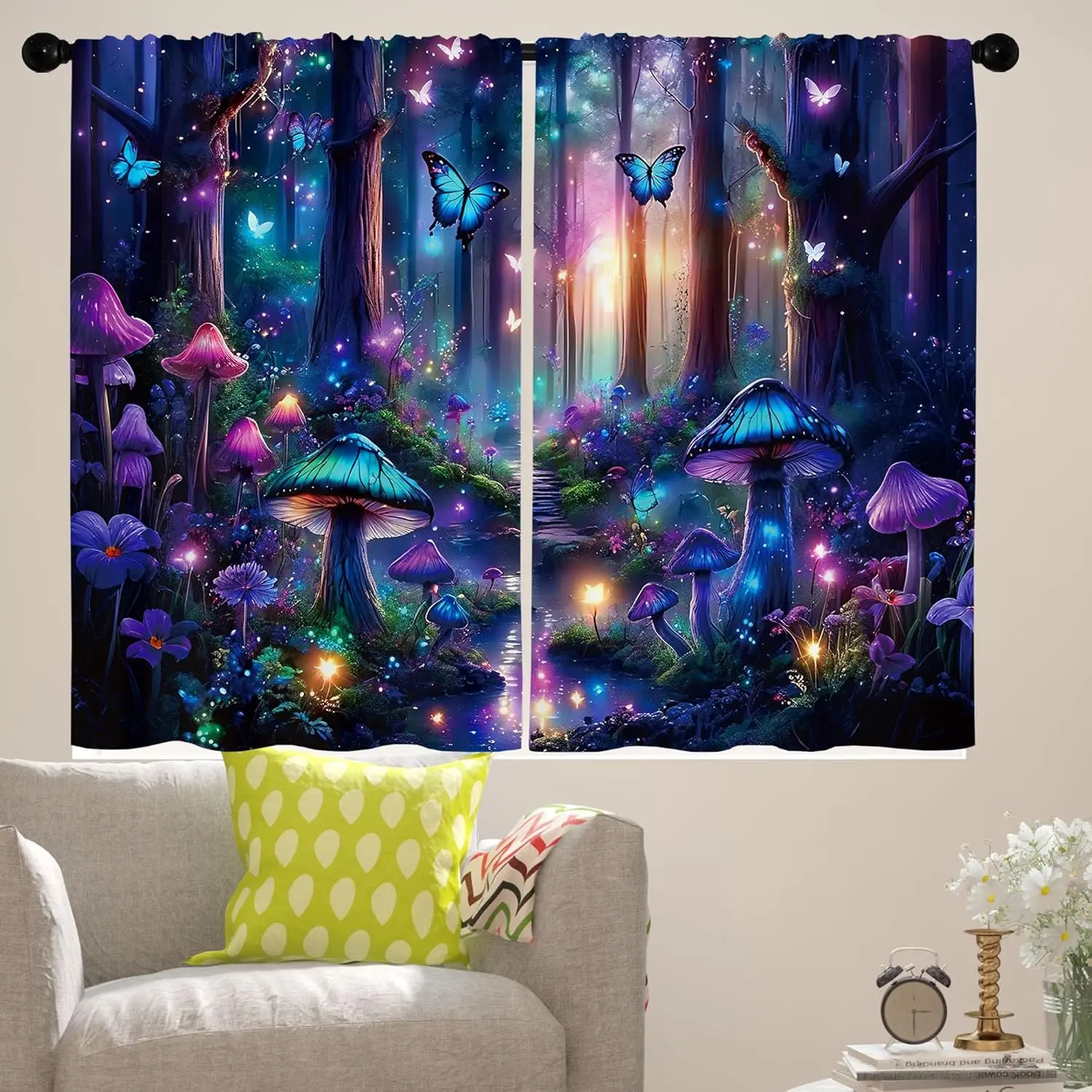 Glowing Magic Mushroom Curtain 2 Panels,Neon Forest Butterfly Stream Night Spark Print, Drapes for Bedroom Fantasy Decor Curtain