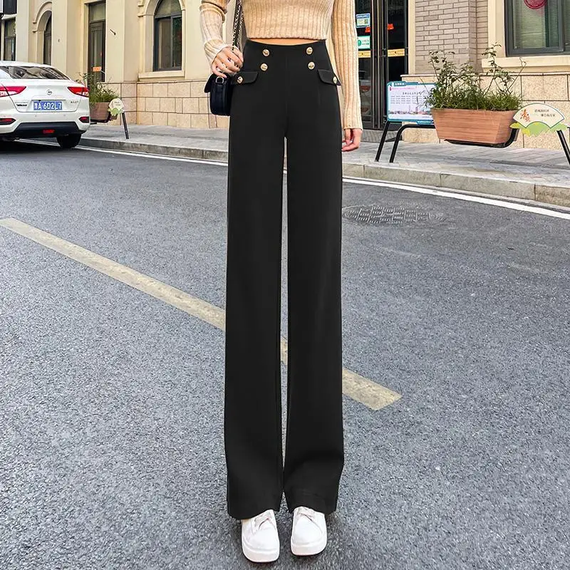 2023 New Spring and Autumn Fashion Commuting Simple High Waist Straight Button Splice Casual Dropping Women's Wide Leg Pants