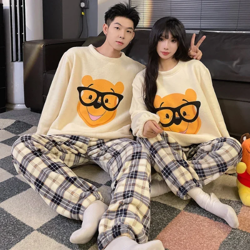 Disney Winnie the Pooh Couple Pajamas Winter Crew Neck Flannel Thickened Warm Sweet Women\'s Pajamas Men\'s and Women\'s Loungewear