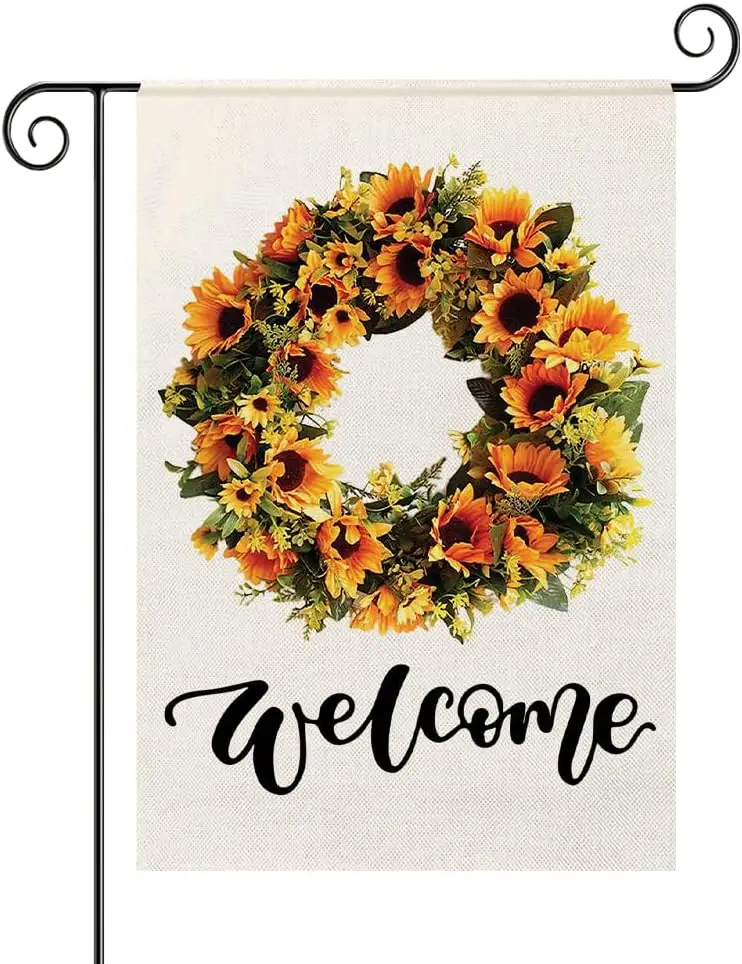 Fall Wreath Welcome Garden Flag 12x18 Inch Double Sided, Floral Autumn Rustic Harvest Yard Outdoor Decoration (White 4)