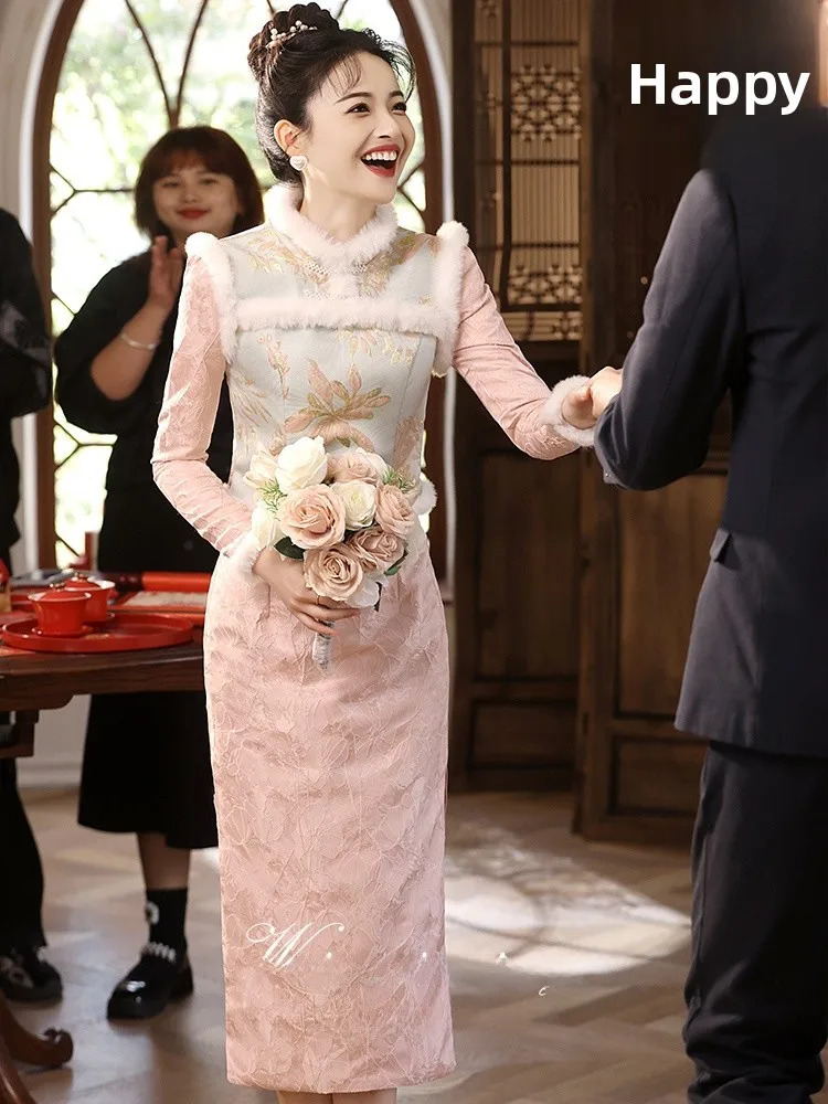 

Новинка 2025: Винтажный свадебный комплект с длинными рукавами и утолщением, розовый, для церемонии, средней длины, для невесты