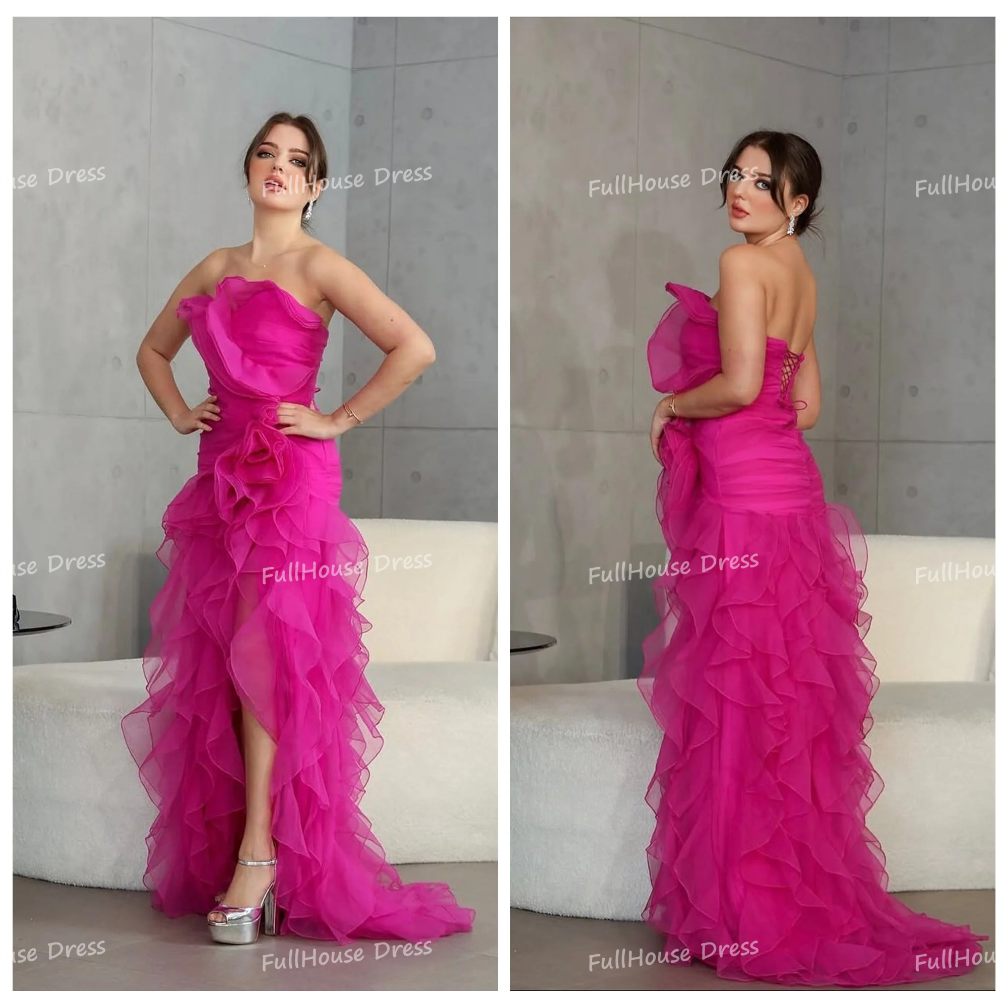 

Выполненное на заказ лодочное платье из тюля с многоуровневыми оборками, прямое сексуальное вечернее платье с разрезом по бокам и открытой спиной, макси-длина, Саудовское платье со шлейфом