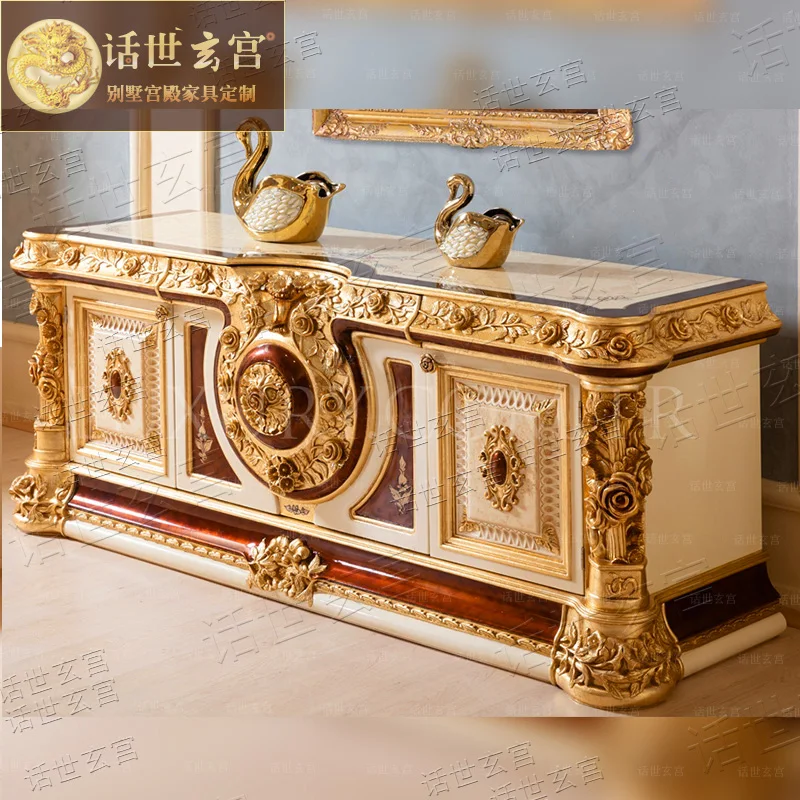 European-style villa luxury TV cabinet solid wood gold foil court painting custom luxury living room TV cabinet