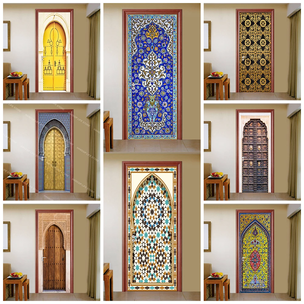 

Persian Islamic Symmetric Pattern Arabesque Door Stickers Waterproof Oriental Ceramic Tiles Mosaic Wall Mosque Door Art Decals