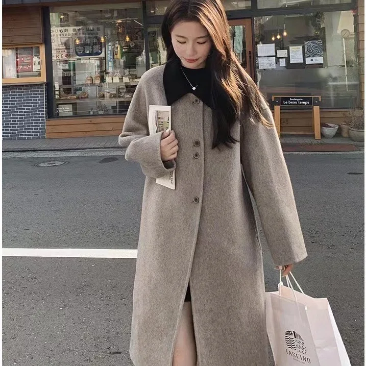 

Double Sided Cashmere Coat, Women's Single Breasted Temperament, High-end Contrasting Color Lapel Woolen Jacket