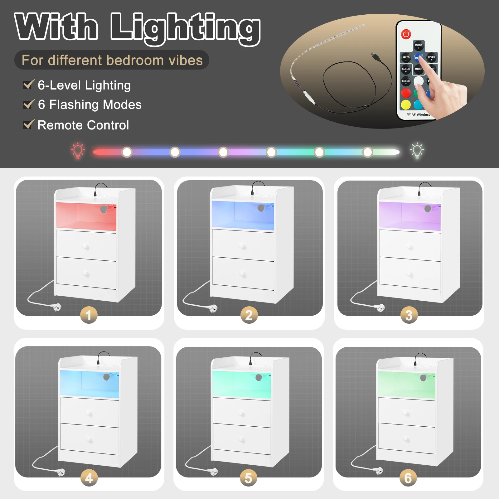 WOLTU Nachttisch, Nachttisch mit Ladestation, USB-Steckdosen, Anschlüsse, Beistelltisch mit LED-Licht, Bettüberzugs-Tisch, Schlafzimmer-Tisch aus Holz – Detail 8