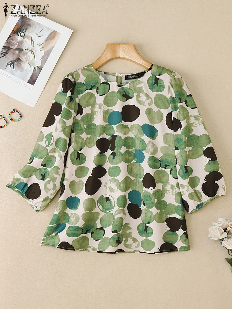 

Осень 202, женские топы ZANZEA, стильные блузки с принтом, элегантная офисная рубашка с рукавом 3/4, повседневная праздничная туника Blusas с круглым вырезом