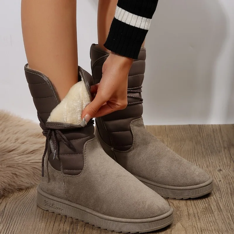

2024 Platform Mid Calf Boots Women's Winter Warm Shaggy Suede Snow Boots Flat Lace Up Women's Cotton Shoes Boots
