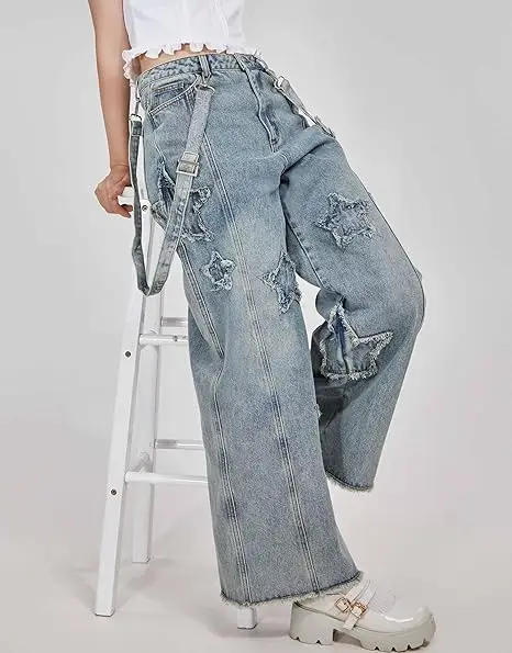USA Stock-  Women's Wide Leg Baggy Denim Bib Pants Jeans Pants with Detachable Shoulder Straps and Pockets view 6
