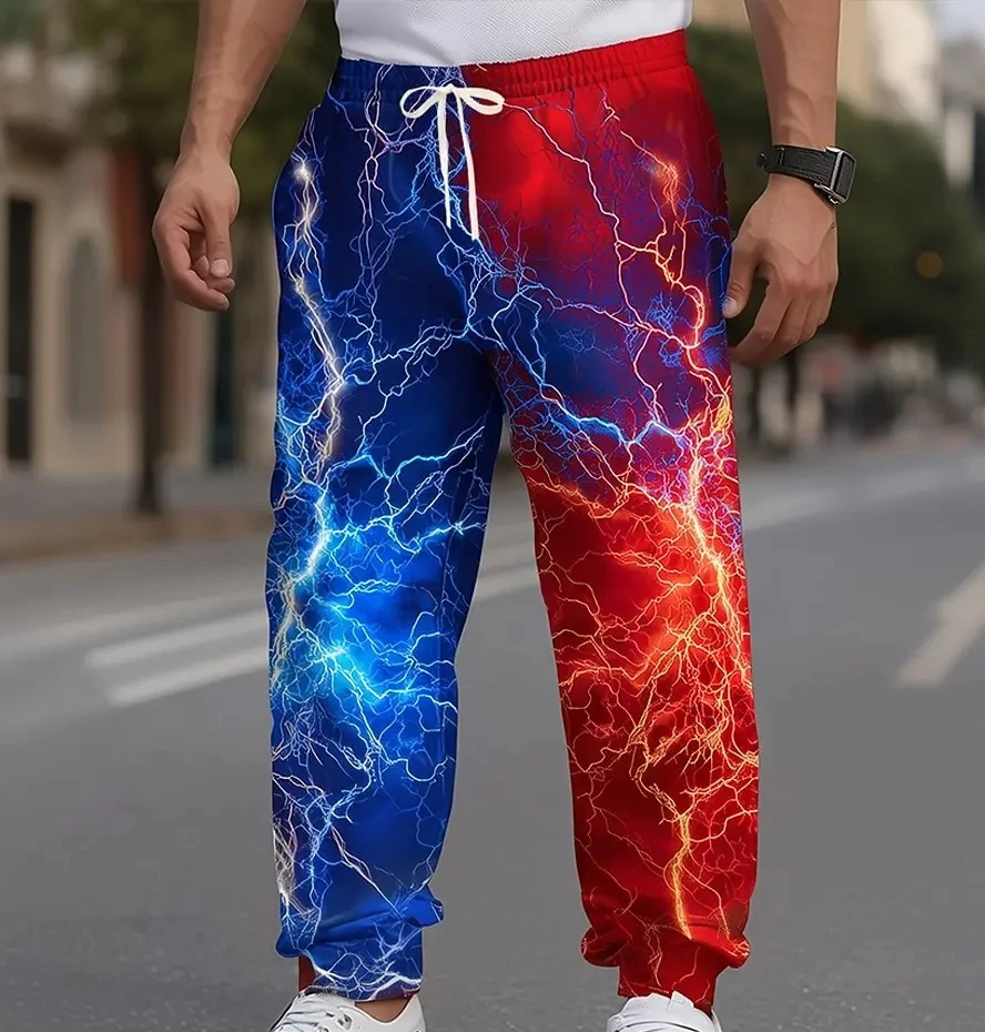 2026 Hot Selling Fashion Gothic Style Red and Blue Lightning Pattern Limited Design Short Sleeved 3D Printed Pants in Large Size