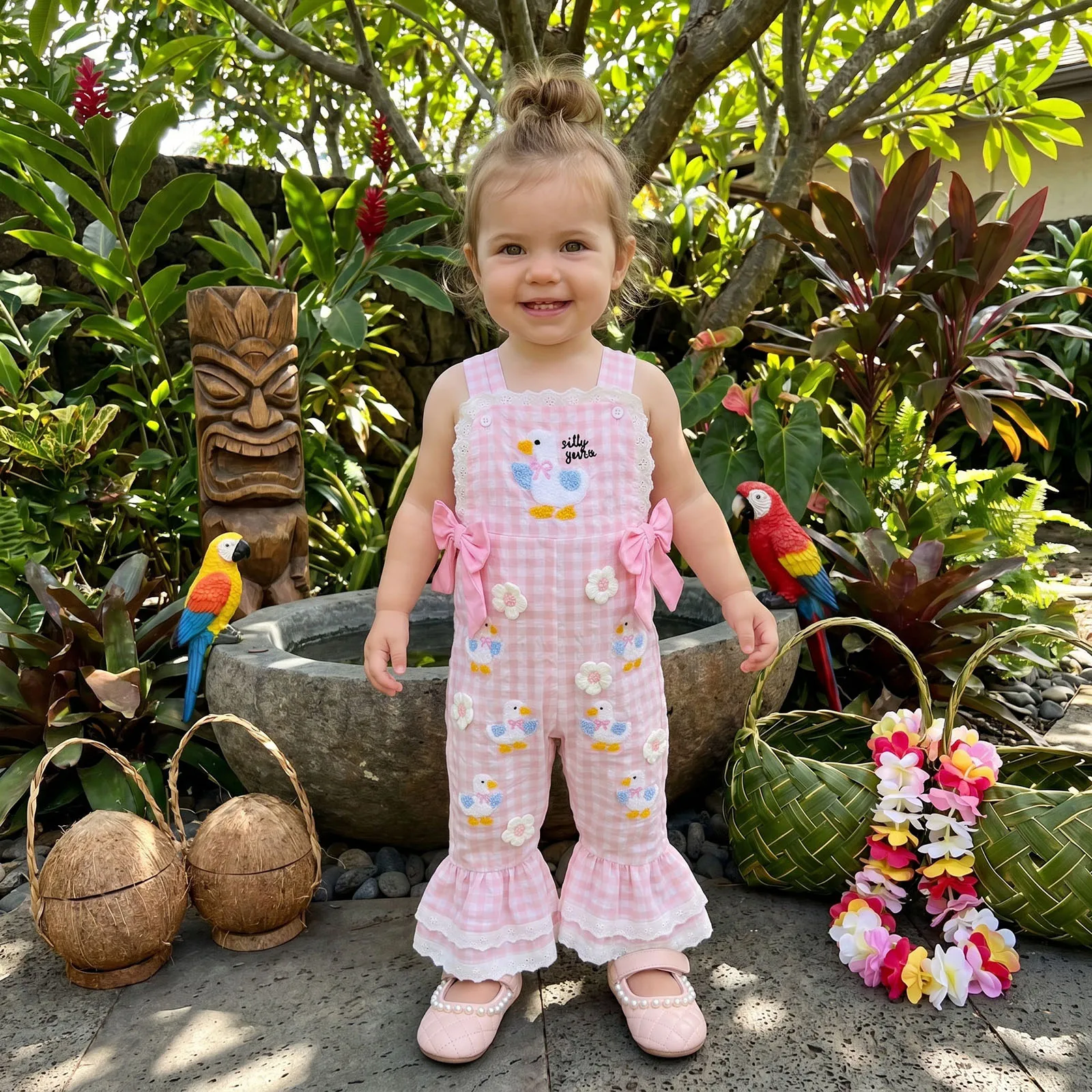Kids Girls Overalls, Plaid Embroidery Duck Flowers Flare Pants Clothes for Casual Daily