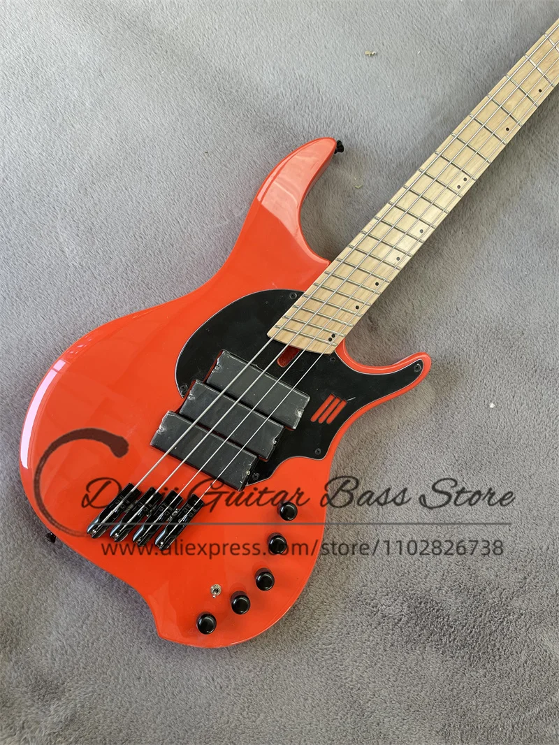 4 Strings Orange Bass Guitar DINGW Body Black Pickguard Maple Fingerboard Fan Frets Active Battery Black Tuners