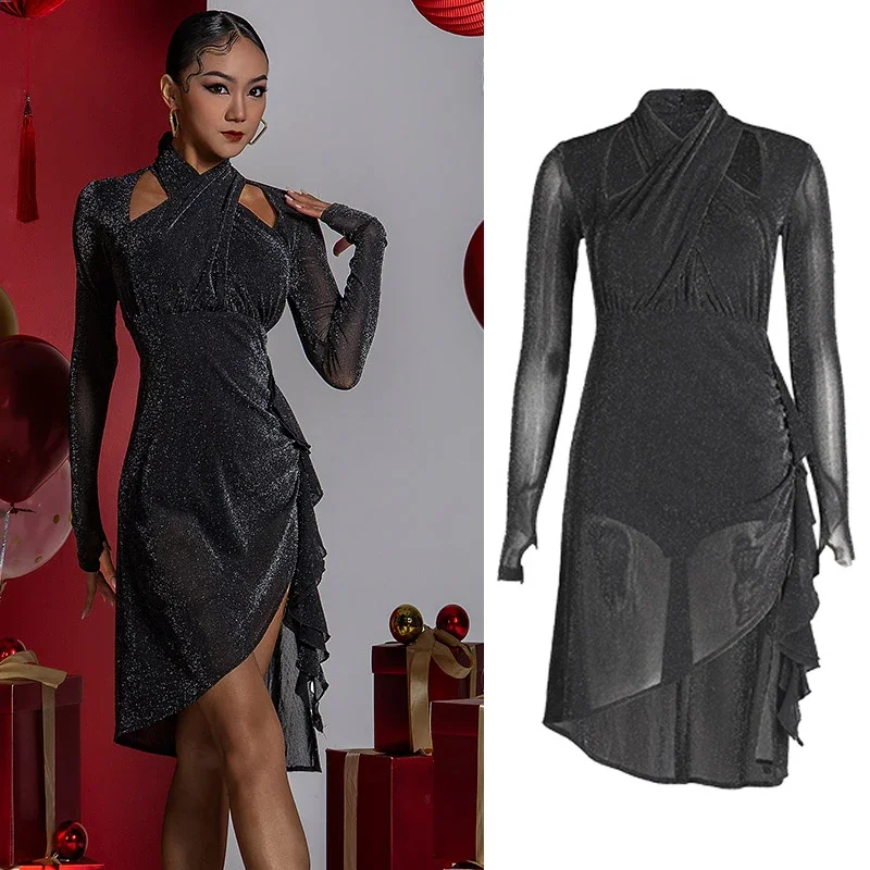 

Women Long Sleeves Ruffles Latin Dress Ballroom Dancing Clothes Performance Practcie Dress Shiny Black Latin Dance Dress