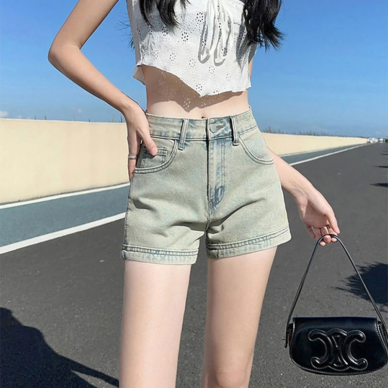 Spice Girls yellow mud color denim shorts women do old high waist a-line zipper pockets package hip elastic wide leg hot pants