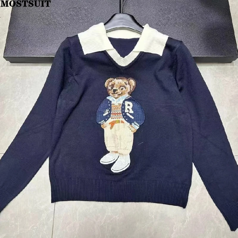 

Bear Jacquard Knit Sweater Pullover Women 2025 Autumn Winter Long Sleeve Korean Fashion Elegant Ladies Knitwear Jumpers Tops