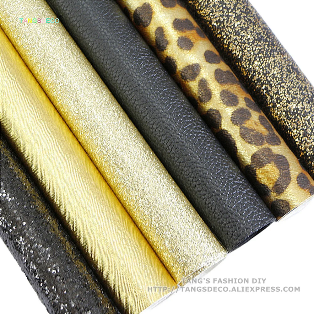 6pcs/Set---20X22CM Light Black & Gold Mix DIY Synthetic Faux PU Leather Set