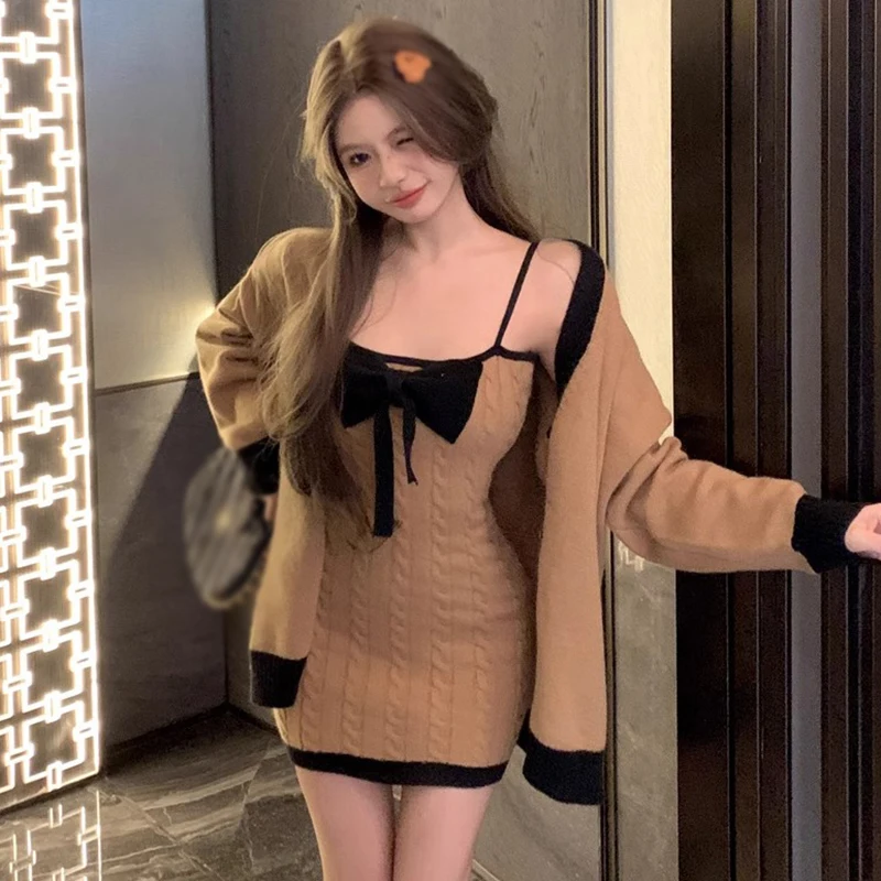 

Knitted Hottie Streetwear Wrap Dress Bow Decoration Bodycon Dress Sweet And Spicy Spring Sling Dress Contrasting Colors Autumn