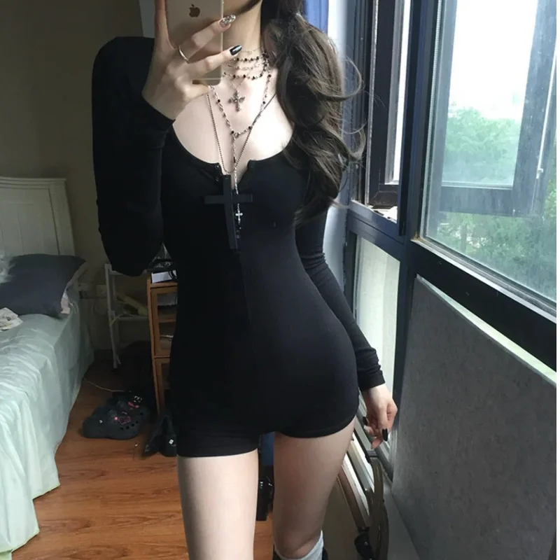 Sexy Black Long Sleeve Onesie for Women Pilates Tight Slimming Short Dress Casual Style Polyester Fiber Natural Waist Design