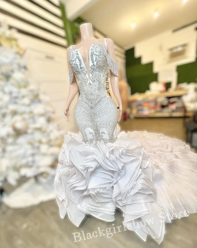 Vestido De Novia De Diamante blanco brillante, corsé De diamantes De imitación De cristal De lujo para mujer, Vestido De Novia De encaje, 2024