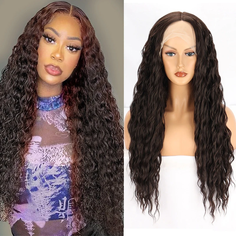 Women's brown 4#Front wig with long curly synthetic hair, Water wave lace wigs