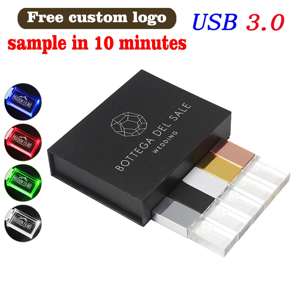 

Crystal USB 3.0 Flash Drive 128GB Free Custom Logo Memory Stick 64GB High Speed Pen Drive 32GB LED USB3.0 16GB Black Box 8GB 4GB