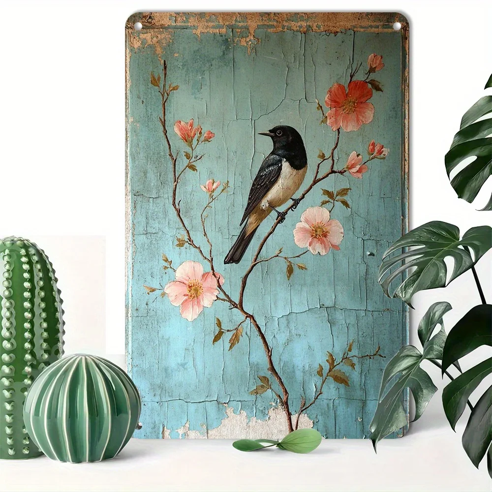 Vintage Bird Flowers Iron Tin Brand Pre Punched Waterproof Weatherproof Wall Art Multipurpose Home  Bar Decor 8x12 Inches