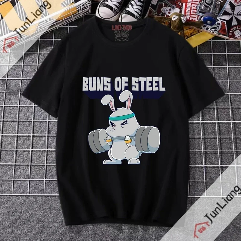 Buns of Steel Top Cute Printed T-shirt Japanese Rabbit Short Sleeve Lady Harajuku Streetwear Men Clothing Y2k Graphic Shirts