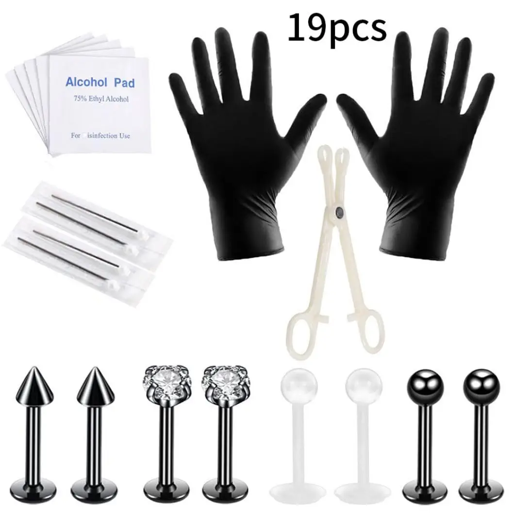 19PCS Body Piercing Kit Stainless Steel Labret Lip Studs Nose Ring Tongue Eyebrow Piercing Needles Tools Silvery Black