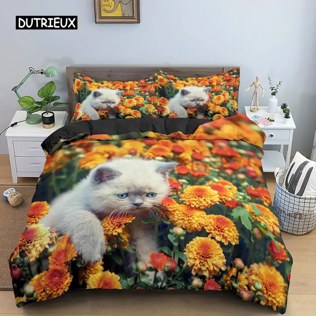 Cat Flowers King Queen Duvet Cover 3D Pet Kitty Floral Bedding Set Teens Adult Yellow Chrysanthemum 2/3pcs Polyester Quilt Cover