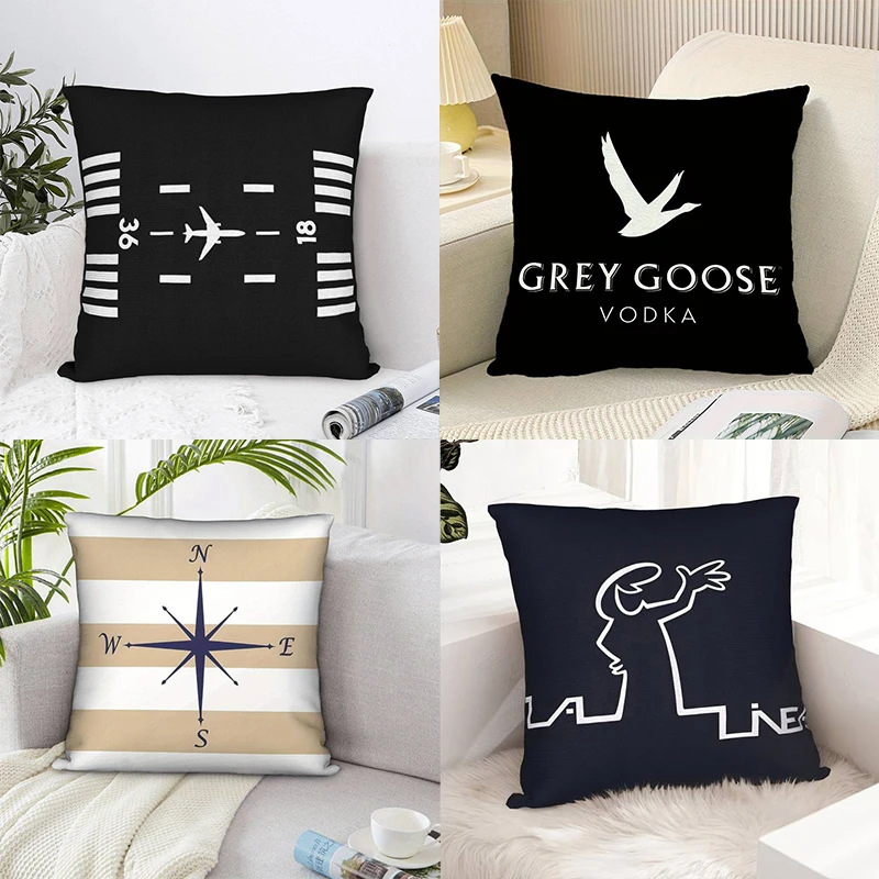 

Элегантная наволочка с тематическим рисунком — подушка с изображением взлетно-посадочной полосы аэропорта, компаса и узором в стиле бренда для современного домашнего декора