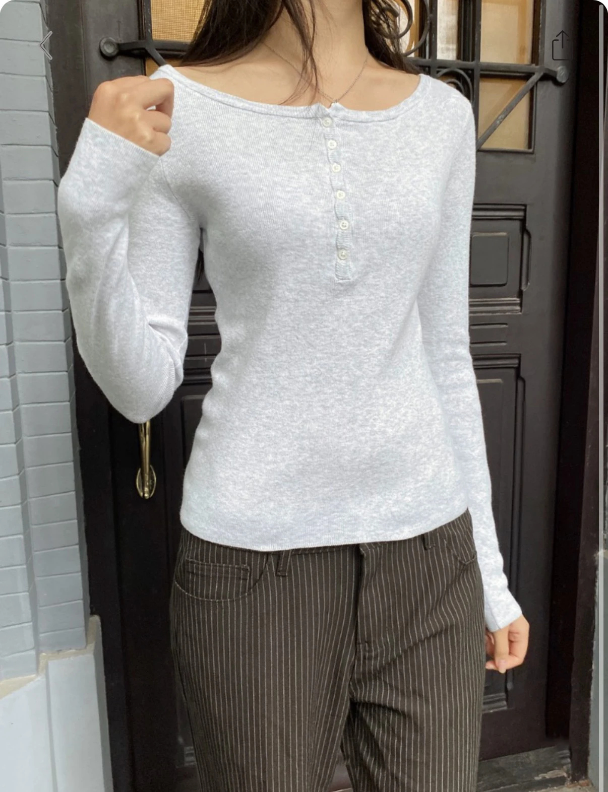 

Gray Long Sleeve Knitted T-shirts Women Autumn Simple Basic Crew Collar Slim Button Cotton Tees Sweet Cute Casual T Shirt Tops