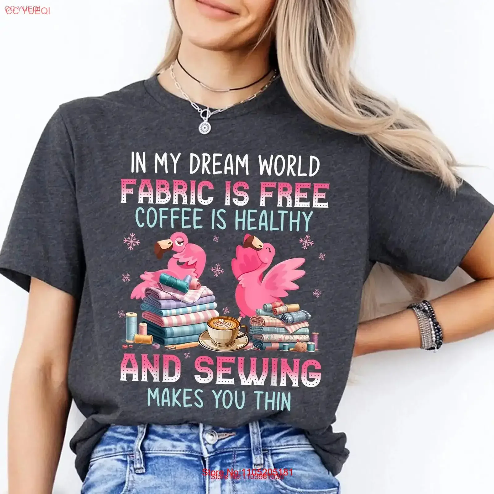 Fabric Is Free and Sewing Makes You Thin T Shirt Funny Lover Quilter Coffee Flamingo vintage Washed designer clothes