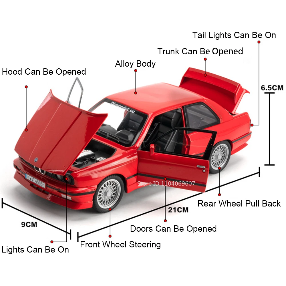 1:24 M3 Vintage Car Model Toys Alloy Diecast Sound Light 4 Doors Opened Pull Back Rubber Tires Simulation Vehicles Child Gifts