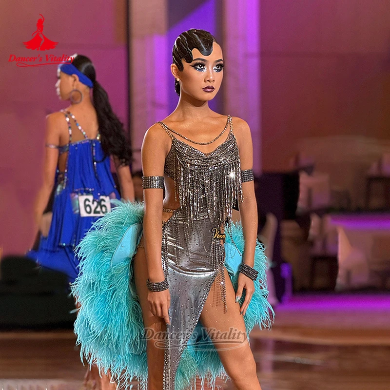 Women Adult Latin Dance Feather Style Dress Size Can Be Customized Child Samba Chacha Contest&Perform Clothes Dancer's Vitality