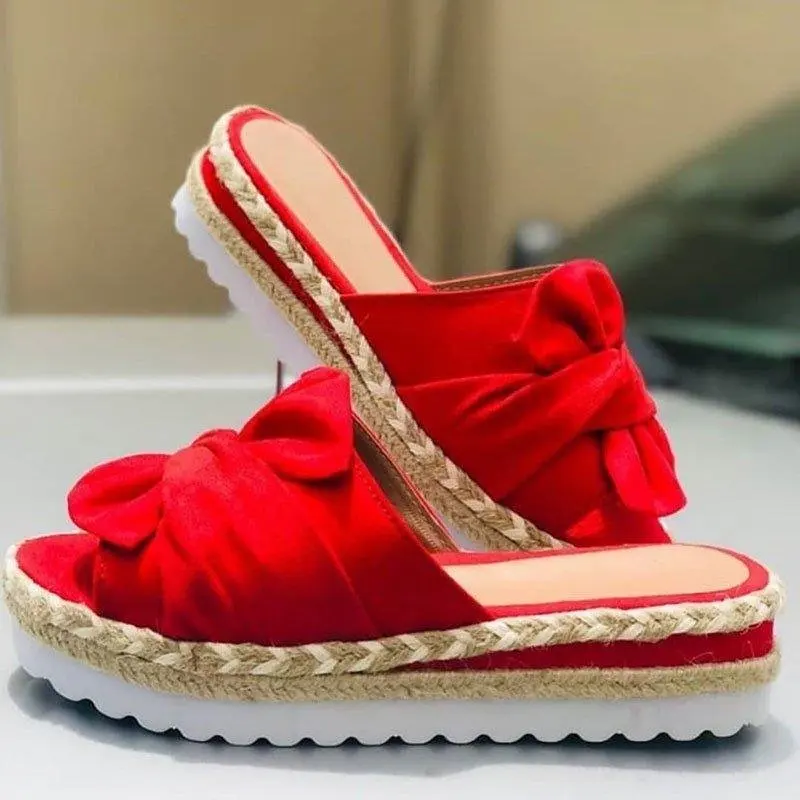 Zapatillas de talla grande para mujer, zapatos de playa a la moda con lazo y plataforma, tacones medios, sandalias de verano para exteriores, envío gratis