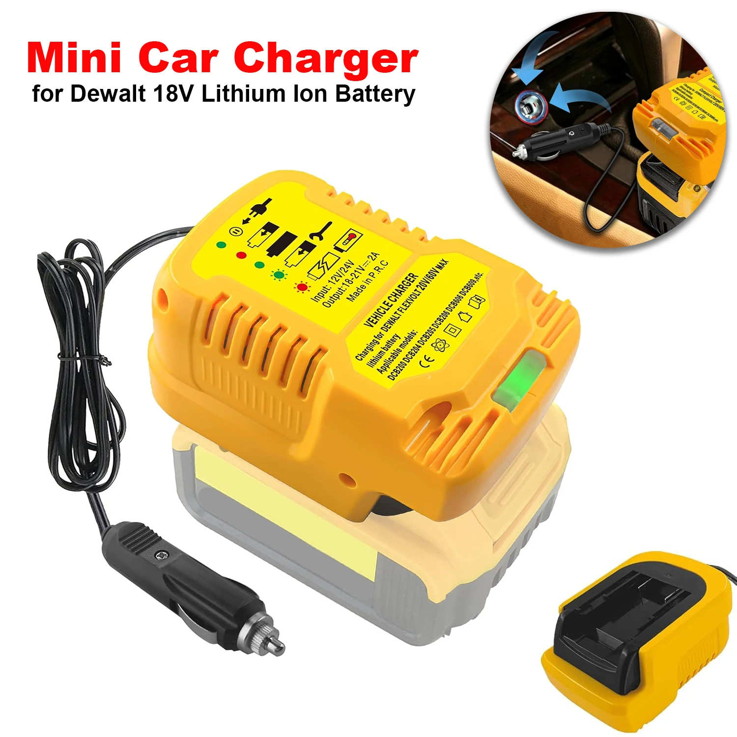 Car Charger for Dewalt 18V Lithium Ion Battery Series DCB200 DCB203 DCB205 Cigarette Lighter Plug Portable Mini Quick Charger