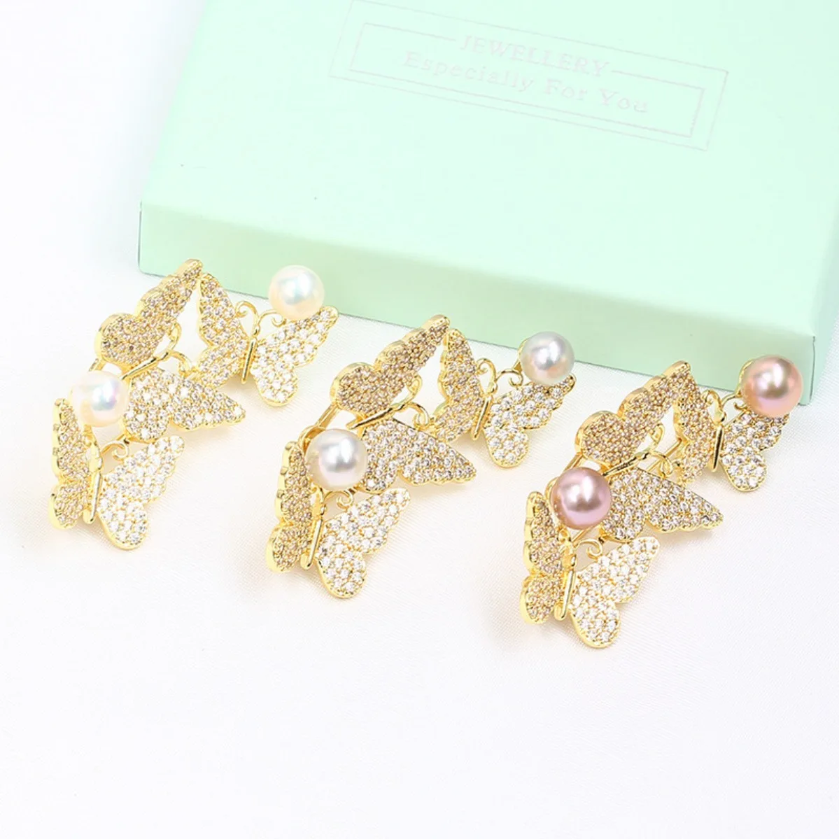 Brass Gold Plated Triple Butterfly Brooch Setting, Micro Pave Zircon Pin, DIY Pearl Corsage Jewelry Making