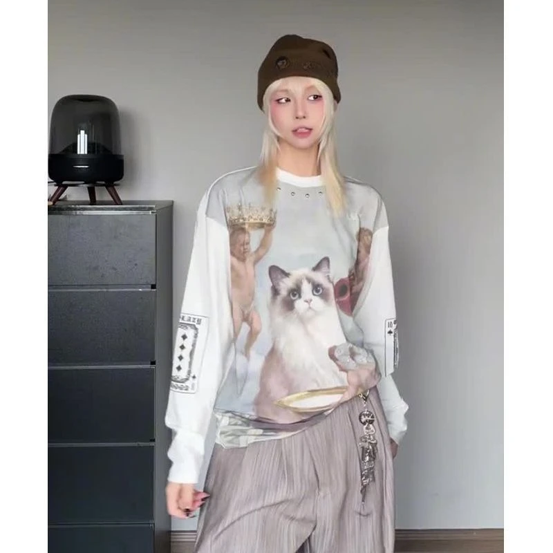 Kimotimo Harajuku Cat Print Long Sleeve T-shirts Women Japanese Y2k Aesthetic Beading O-neck Loose Tops Vintage Streetwear Tees
