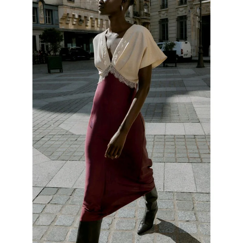 Casual sle midi dr renda seda cetim textura emendada outono feminino faion dr cintura alta poliéster ort sve v-ne