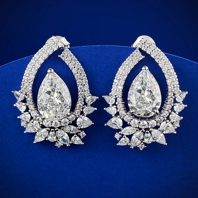 

S925 Silver Fashionable Brilliant Pear shaped Water Drop 8 * 12m Ice Flower Cut High Carbon Diamond Earrings for Female Cross bo