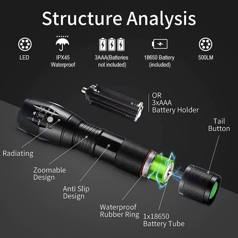 Rechargeable 800Lm LED Flashlight Tactical Super Bright Torch Zoomable 5 Modes Lantern Waterproof Emergency Use Camping Lamp
