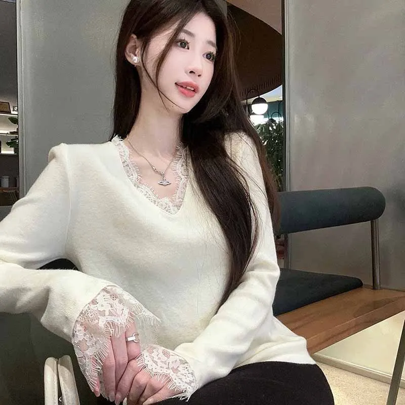 أزياء من الدانتل الخامس الرقبة محبوك سترة للنساء مزاجه أنيقة طويلة الأكمام لاعبا السيدات خريف شتاء قاع البلوز