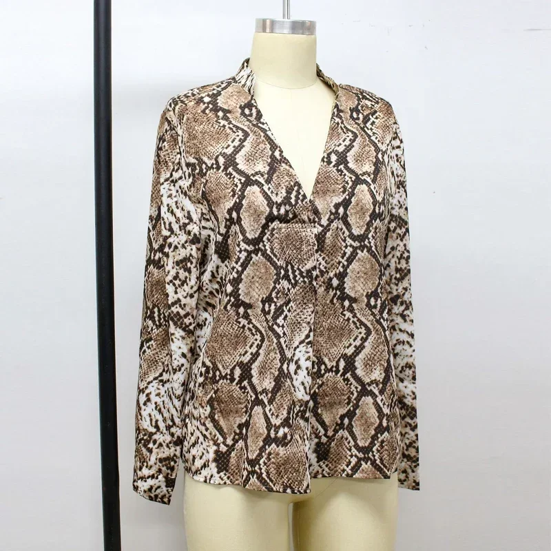 Snake Print Blouse Sexy Long Sleeve Shirt Women Unisex Tops Spring Summer 2024 New V-neck Chiffon Shirt Clothes Blusas 29664