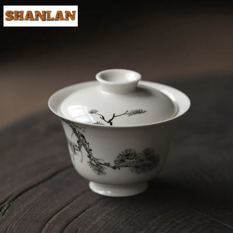 

110 мл ручная роспись сосны Cypress Gaiwan китайская белая керамика чай Tureen элегантный чай пивоваренный чехол чаша посуда украшение подарок